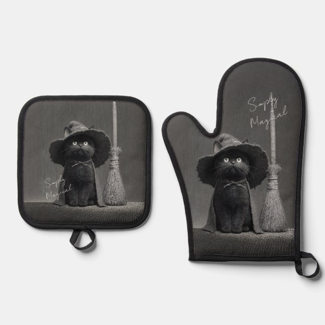 Simply Magical Witch Cat Oven Mitt & Pot Holder Set (Front)