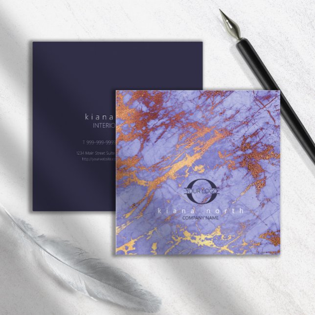 Simply Marble Logo Purple Gold Navy ID672 Square Business Card (Creator Uploaded)
