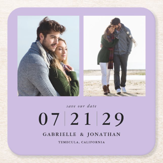 Simply Minimal Light Purple 2 Photo Save The Date Square Paper Coaster (Front)