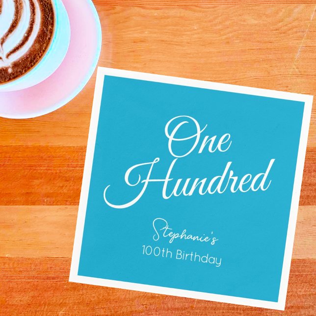 Simply Modern Script Aqua Blue 100th Birthday Napkin (Creator Uploaded)