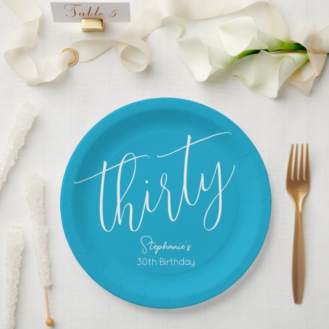 Simply Modern Script Aqua Blue 30th Birthday Party Paper Plate (Wedding)