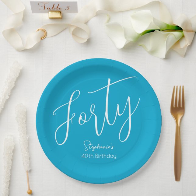 Simply Modern Script Aqua Blue 40th Birthday Party Paper Plate (Wedding)