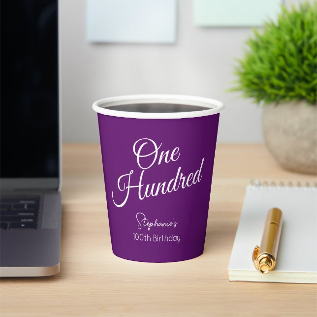 Simply Modern Script Autumn Purple 100th Birthday Paper Cups (Insitu)