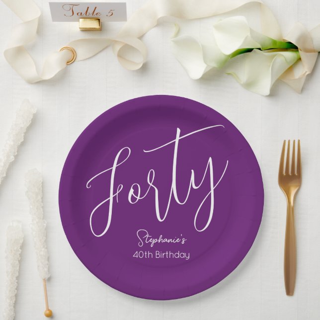 Simply Modern Script Autumn Purple 40th Birthday Paper Plate (Wedding)