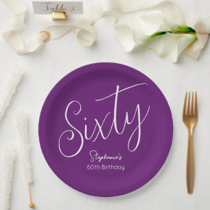 Simply Modern Script Autumn Purple 60th Birthday Paper Plate