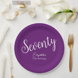 Simply Modern Script Autumn Purple 70th Birthday Paper Plate