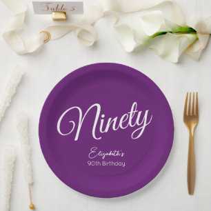 Simply Modern Script Autumn Purple 90th Birthday Paper Plate