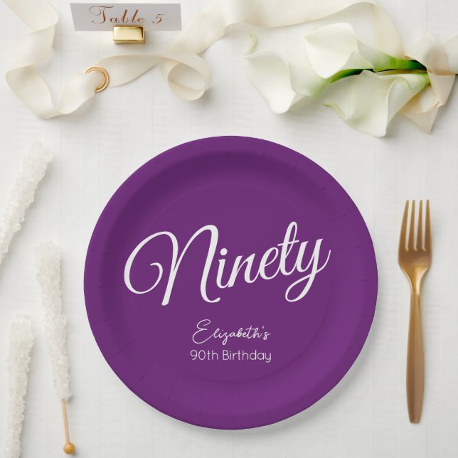 Simply Modern Script Autumn Purple 90th Birthday Paper Plate (Wedding)