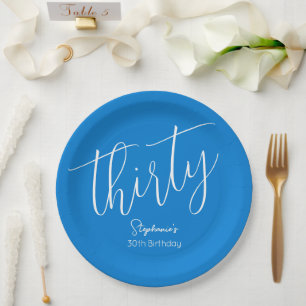 Simply Modern Script Blue 30th Birthday Party Paper Plate