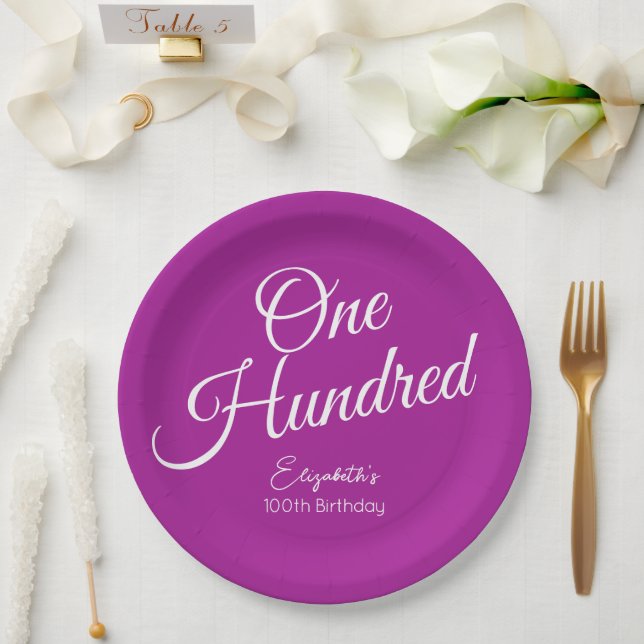 Simply Modern Script Dark Pink 100th Birthday Paper Plate (Wedding)