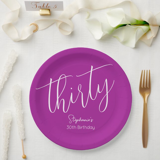 Simply Modern Script Dark Pink 30th Birthday Paper Plate (Wedding)