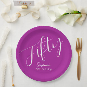 Simply Modern Script Dark Pink 50th Birthday Paper Plate
