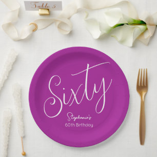 Simply Modern Script Dark Pink 60th Birthday Paper Plate