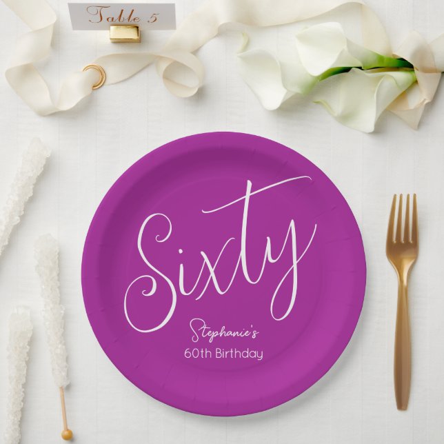Simply Modern Script Dark Pink 60th Birthday Paper Plate (Wedding)