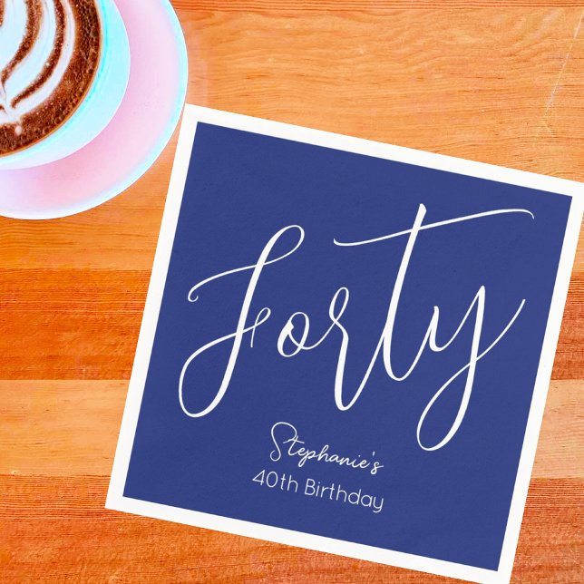 Simply Modern Script Navy Blue 40th Birthday Party Napkin (Creator Uploaded)