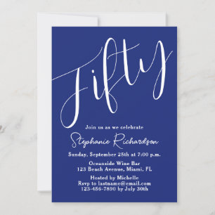 Simply Modern Script Navy Blue 50th Birthday Invitation