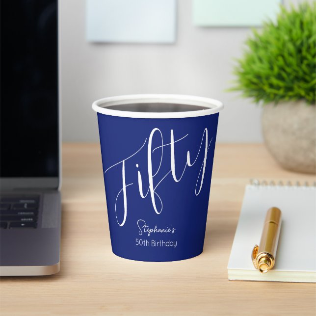 Simply Modern Script Navy Blue 50th Birthday Paper Cups (Insitu)