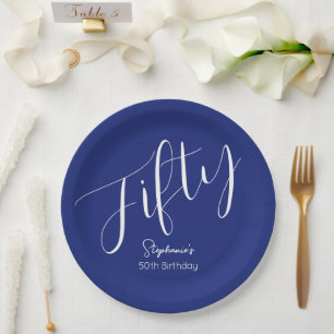 Simply Modern Script Navy Blue 50th Birthday Paper Plate