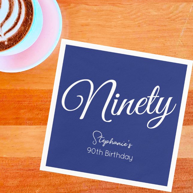 Simply Modern Script Navy Blue 90th Birthday Party Napkin (Creator Uploaded)