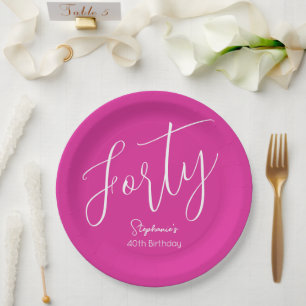 Simply Modern Script Pink 40th Birthday Party Paper Plate