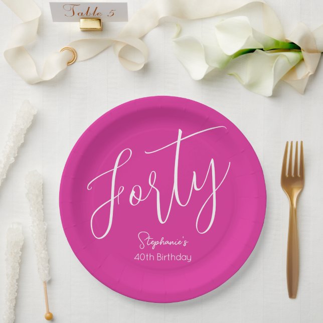 Simply Modern Script Pink 40th Birthday Party Paper Plate (Wedding)