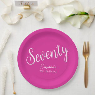 Simply Modern Script Pink 70th Birthday Party Paper Plate