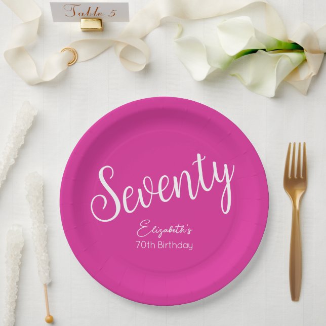 Simply Modern Script Pink 70th Birthday Party Paper Plate (Wedding)