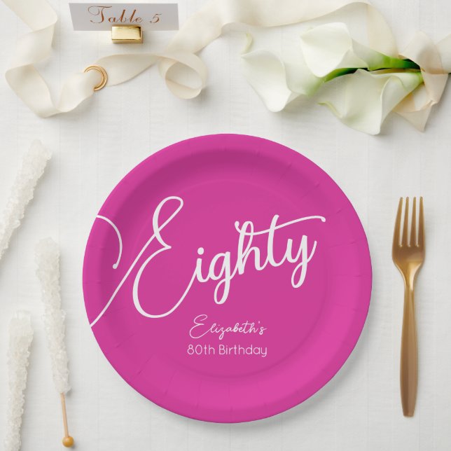 Simply Modern Script Pink 80th Birthday Party Paper Plate (Wedding)