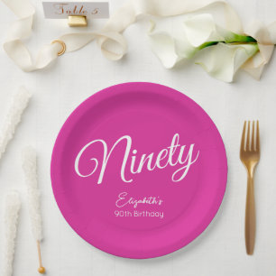 Simply Modern Script Pink 90th Birthday Party Paper Plate