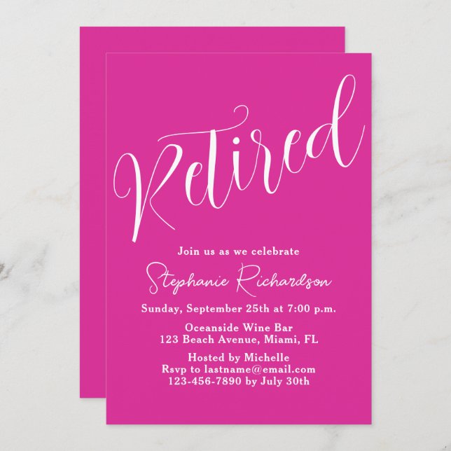 Simply Modern Script Pink Retirement Party Invitation (Front/Back)