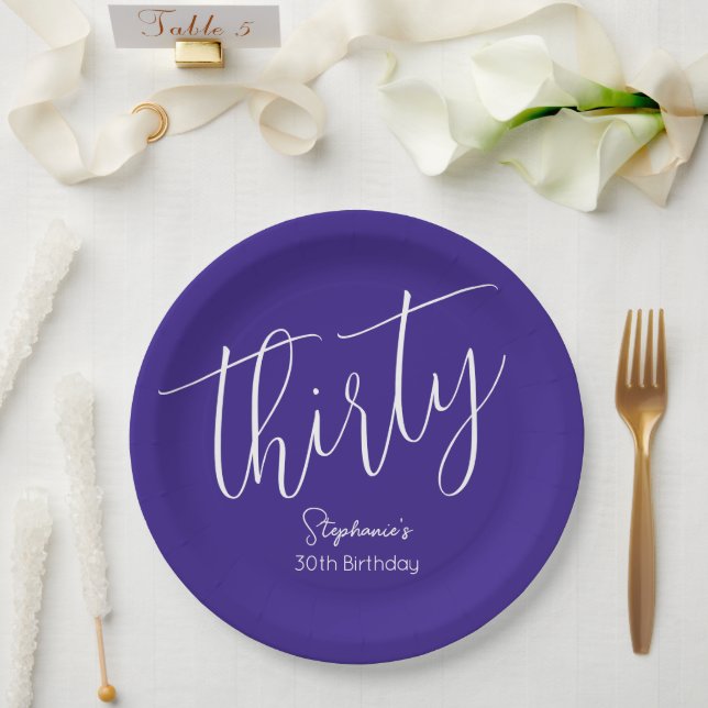 Simply Modern Script Purple 30th Birthday Paper Plate (Wedding)