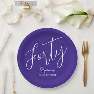 Simply Modern Script Purple 40th Birthday Party Paper Plate