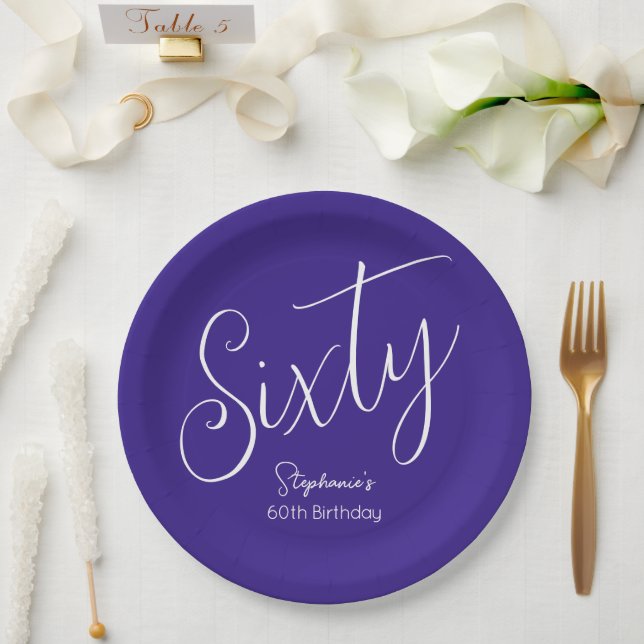 Simply Modern Script Purple 60th Birthday Party Paper Plate (Wedding)