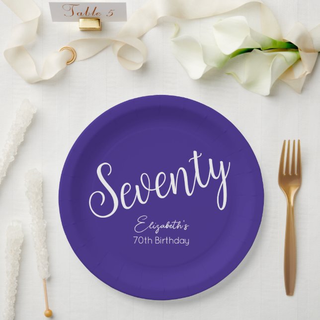 Simply Modern Script Purple 70th Birthday Paper Plate (Wedding)