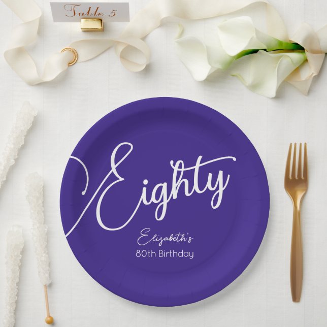 Simply Modern Script Purple 80th Birthday Party Paper Plate (Wedding)