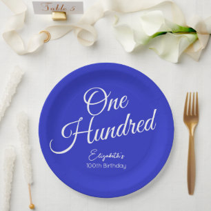 Simply Modern Script Royal Blue 100th Birthday Paper Plate