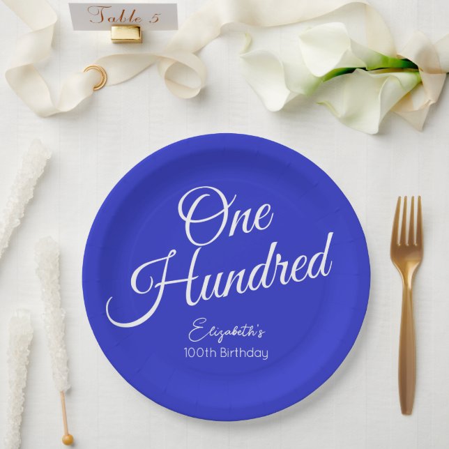 Simply Modern Script Royal Blue 100th Birthday Paper Plate (Wedding)