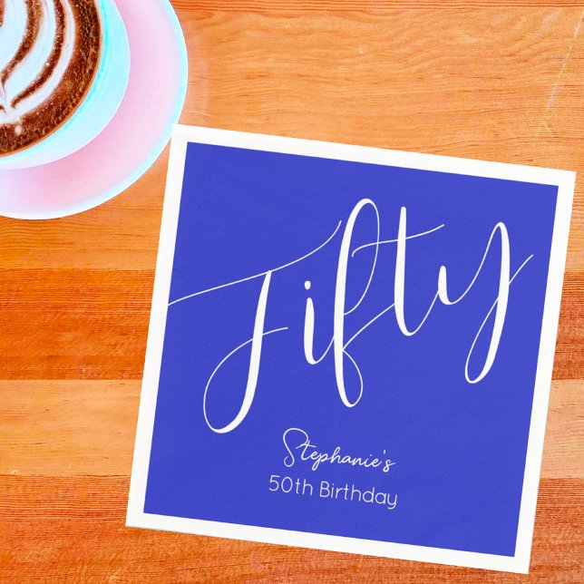 Simply Modern Script Royal Blue 50th Birthday Napkin (Creator Uploaded)