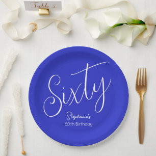 Simply Modern Script Royal Blue 60th Birthday Paper Plate