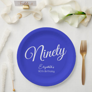 Simply Modern Script Royal Blue 90th Birthday Paper Plate