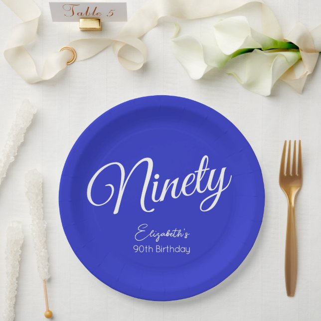 Simply Modern Script Royal Blue 90th Birthday Paper Plate (Wedding)