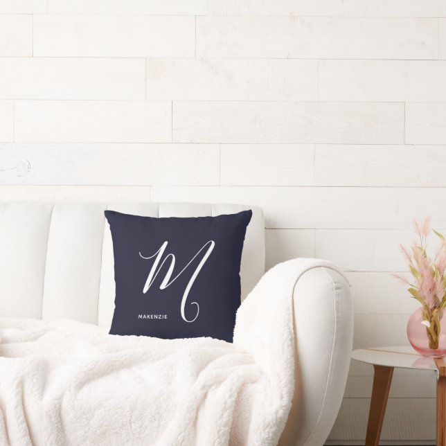 Simply Monogrammed Script Letter M Navy Blue Cushion (Couch)
