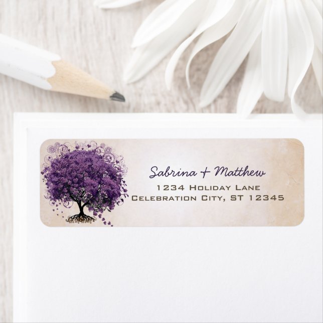 Simply Peachy Purple Heart Leaf Tree Wedding Label (Insitu)