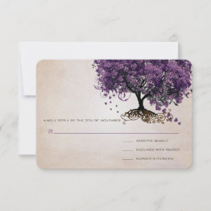 Simply Peachy Purple Heart Leaf Tree Wedding RSVP Card