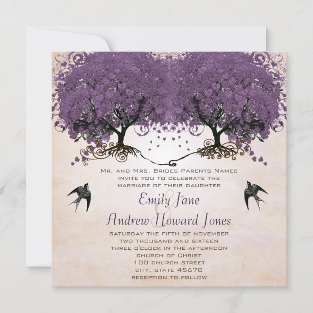Simply Peachy Purple Vintage Heart Leaf Tree Invitation (Front)