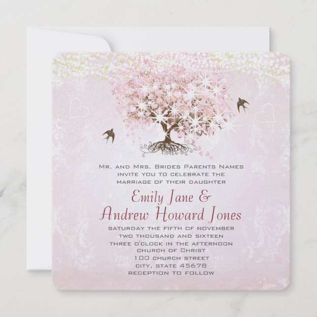 Simply Pink Heart Leaf Tree Love Bird Wedding Invitation (Front)