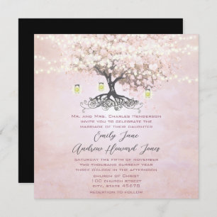 Simply Pink Heart Leaf Tree Love Bird Wedding Invitation