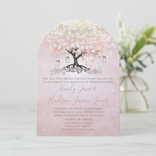 Simply Pink Heart Leaf Tree Mason Jar Wedding Invitation
