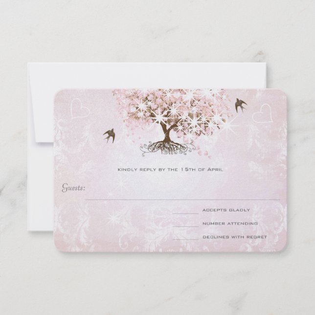 Simply Pink Heart Leaf Tree Wedding RSVP Card (Front)