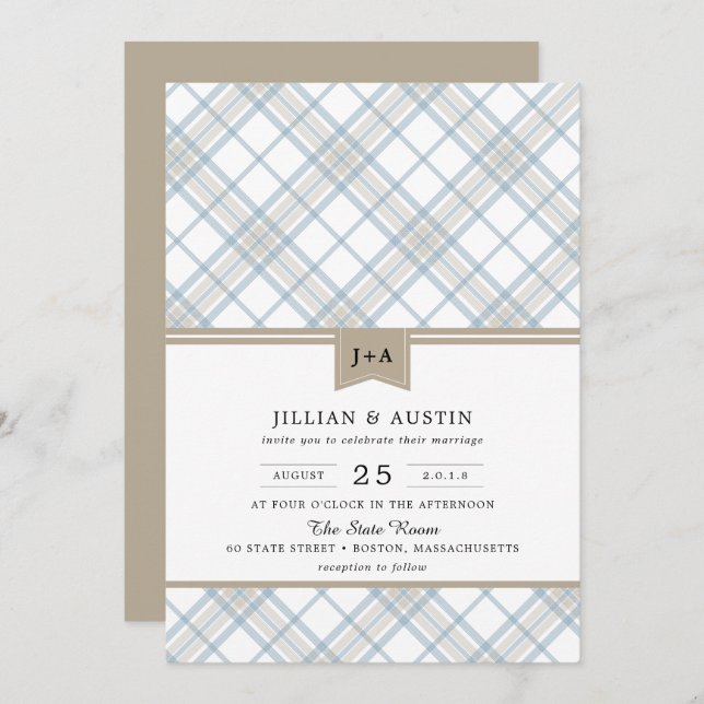 Simply Plaid Blue & Tan with Monogram Wedding Invitation (Front/Back)